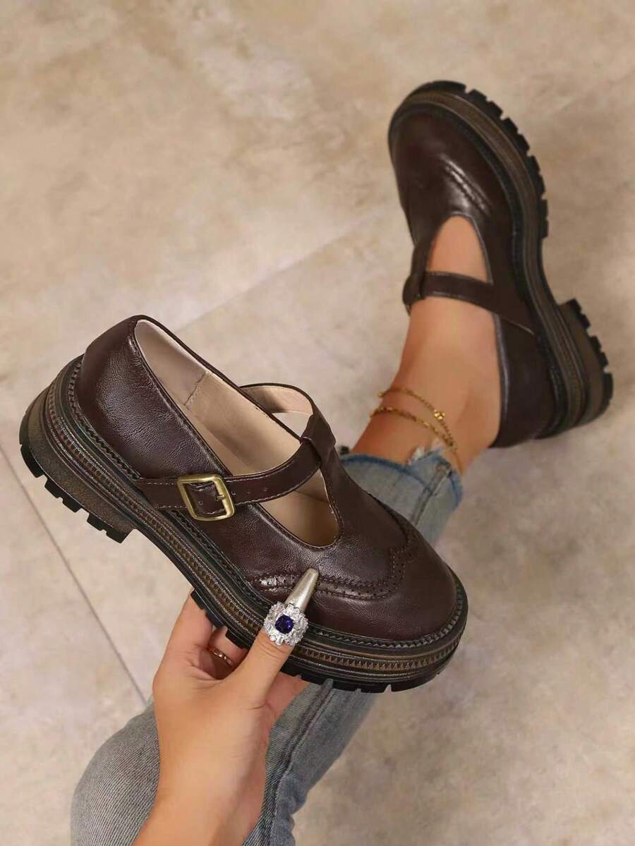 Women's Academy Style Mary Jane Shoes, Vintage T-Strap Buckle Upper, Round Toe Thick Sole Loafers, Suitable For Daily Commute And Campus - Brown - View 1