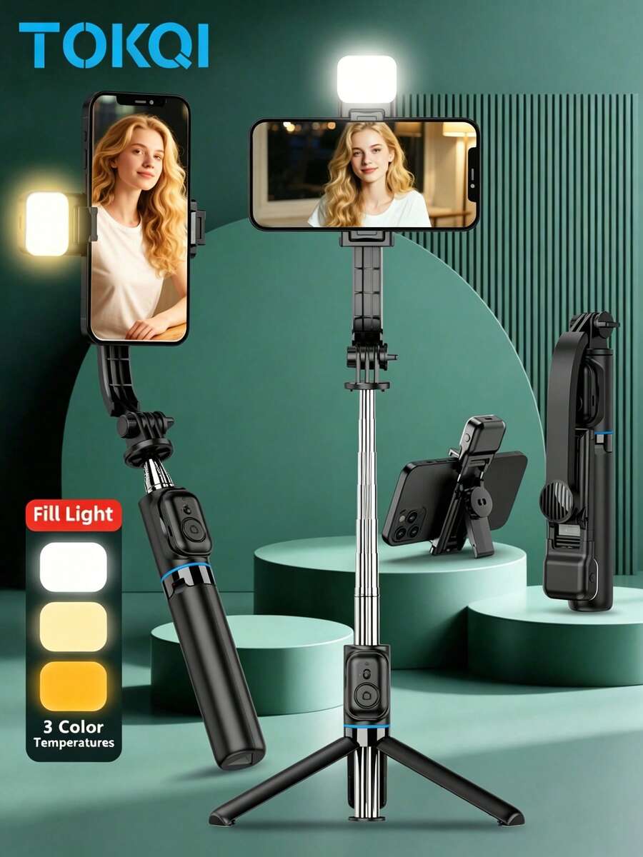 TOKQI Selfie Stick Phone Holder Telescopic All-In-One, Smartphone Selfie Tripod With Wireless Remote Control, 360 Degree Rotating Phone Clip, Essential Outdoor Travel Stand, Compatible With IOS/Android Smartphones
