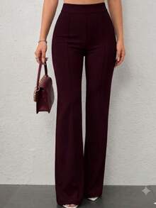 Pantalón Wide  Elegante Con Pinzas Frontales Y Tiro Alto - Pantalón De Vestir  Para Mujer POLIESTER . Pantalón Sastre De Cintura Alta Que Estiliza La Figura.. - Burdeos - Ver 2
