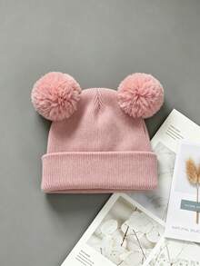 3pcs/1pc Warm Knitted Knitted Hat, Cute Plush Double Pom Pom Design, Thickened Hat Body, Suitable For Newborns - Multicolor - View 19