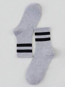 1 Pair Women's Grey Striped British Academy Style Two-Stripe Patchwork Mid-Calf Socks, Autumn/Winter, Suitable For Back To School, Halloween And Other Holidays - Multicolor - View 4