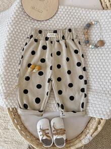 Baby Girl Black Polka Dot Decor Cuffed Pants, Elastic Waist, Versatile Loose Stretch Casual Long Pants - Black - View 12