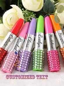 Custom Text Logo Creative Stationery Cartoon Cute Korean Style Lipstick Shaped Rhinestone Ballpoint Pen 1mm Thickness Blue Ink Lipstick Shaped Gift Pen Office Pen, Couples, Spouses, Colleagues, Friends, Elders, Children, Classmates, Teachers - Multicolor - View 1