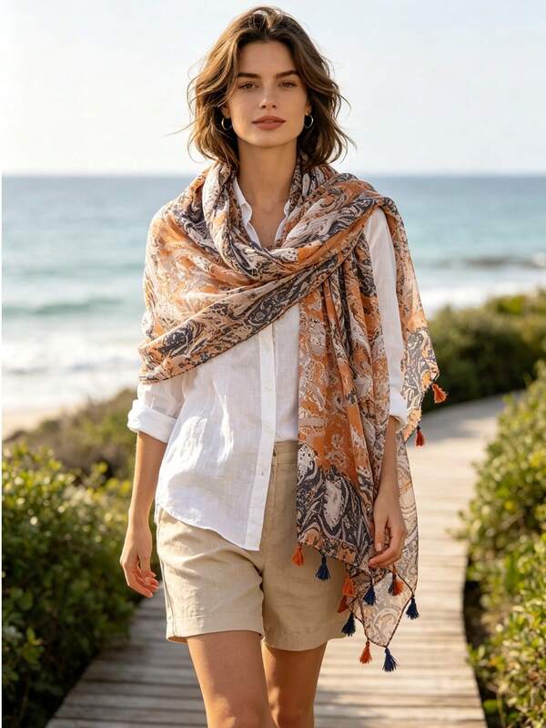 1pc New Women's Artistic Coffee Color Graffiti Soft Casual Tassel Scarf Fashion Headwrap Shawl Beach Travel Vacation Beach Towel Versatile Accessory