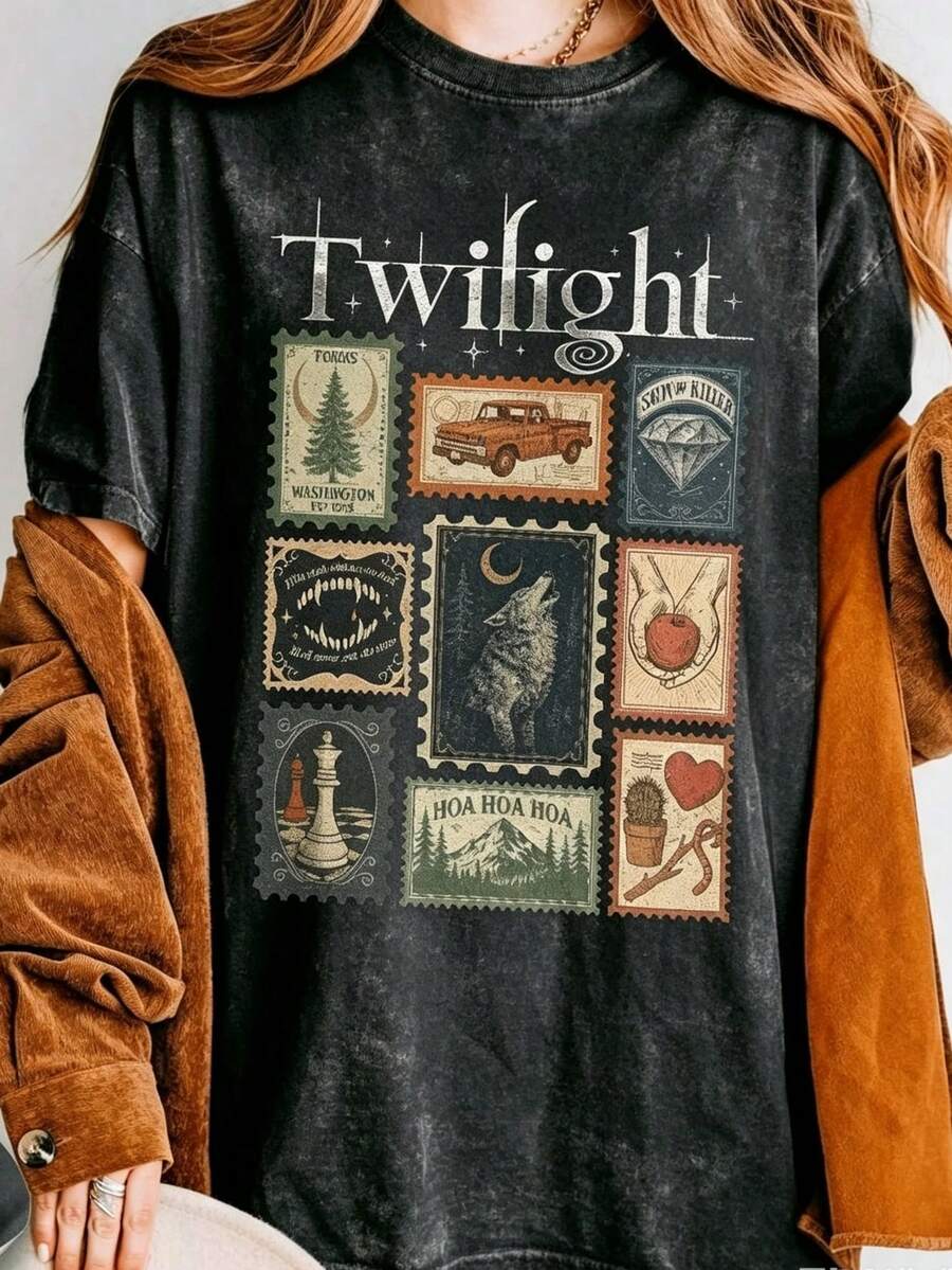 Vintage Twilight Movie Women T-Shirt, Retro Vampire And Wolves Graphic Tee, Y2K Oversized Classic 2000s Film Aesthetic Apparel, GothicHorror Romance - 黑色1 - 查看 1