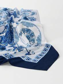1PC Women's Fashion 90cm Square Scarf, Blue Classic Floral Digital Print, Suitable For Daily Matching With Bags, Bandana - Multicolor - View 8