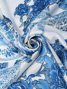 1PC Women's Fashion 90cm Square Scarf, Blue Classic Floral Digital Print, Suitable For Daily Matching With Bags, Bandana - Multicolor - View 7