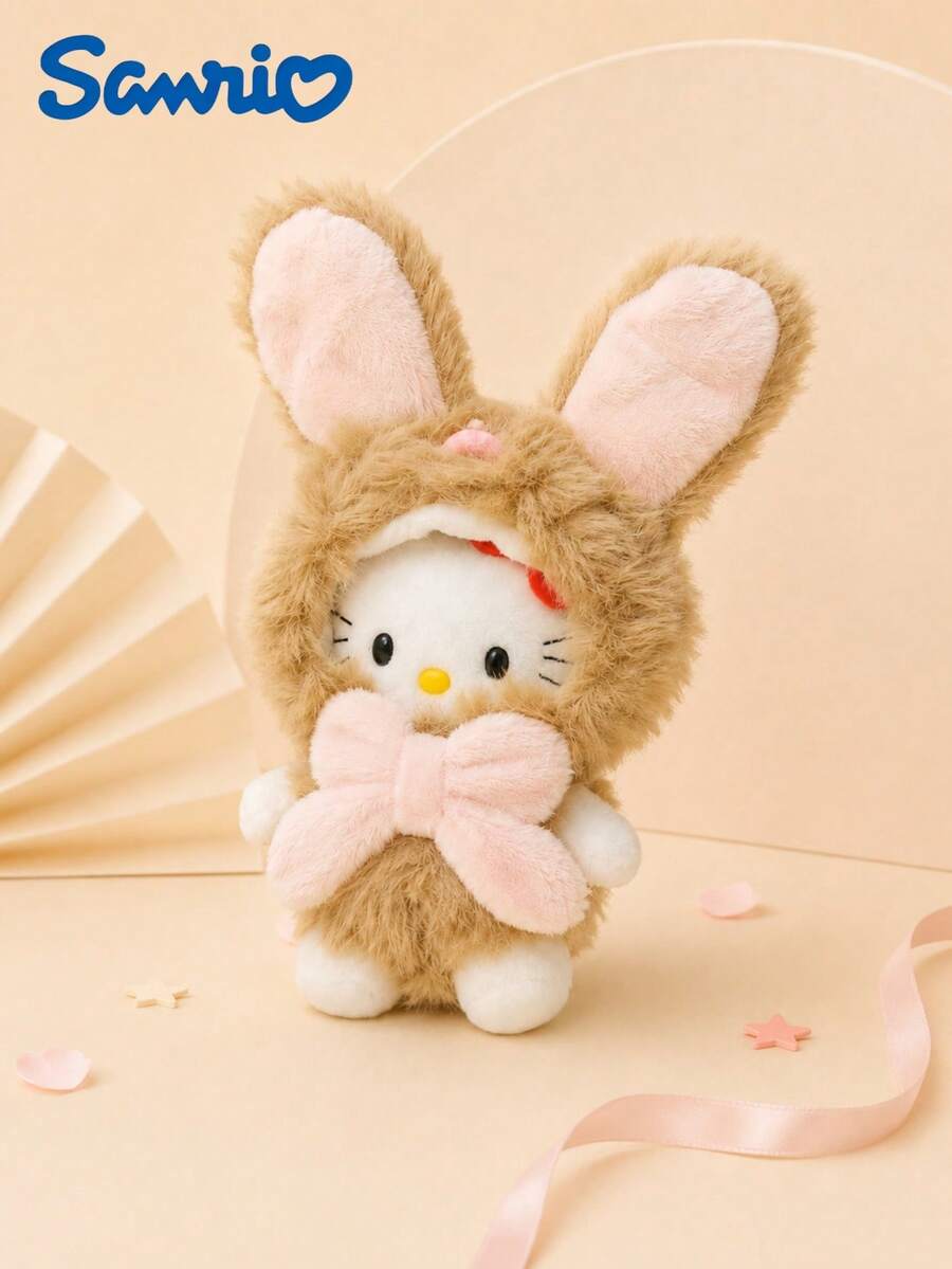 SANRIO 1 pieza Llavero de peluche con disfraz de conejo de orejas caídas Hello Kitty, colgante de bolso esponjoso marrón de 15cm/5.9in, colgante suave y lindo con licencia oficial para mochila, bolso, decoración de coche, regalo de cumpleaños para niñas, adolescentes y coleccionistas - Marrón - Ver 1