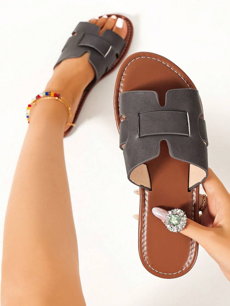Ximi Ruo Korean Style Casual Flat Slide Sandals For Women, Summer Open Toe Woven Roman Sandals, Spring/Summer New Fashion French Style Brown Flat Slippers For Outings, Beach, Apartment, Matching With Skirts - Grey - View 1