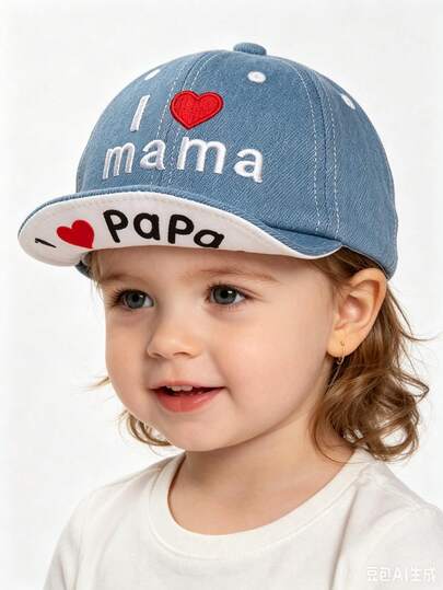 1 pieza Sombrero de sol con borde suave para bebé/niño pequeño unisex de mezclilla bordado "AMO A MAMÁ Y PAPÁ", uso casual para primavera/verano/otoño