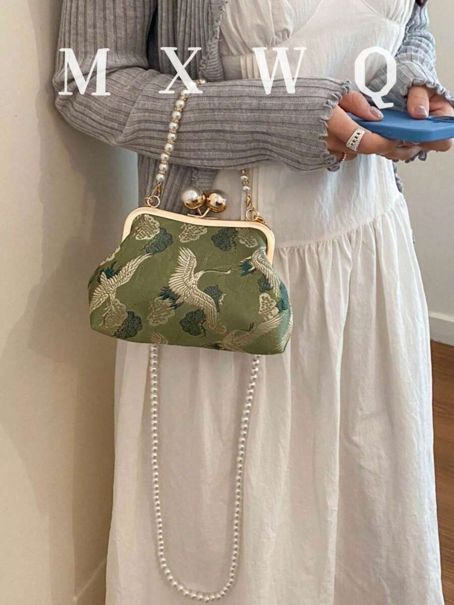 新款復古風布料珍珠鏈條扣女款手提包，優雅百搭斜挎包