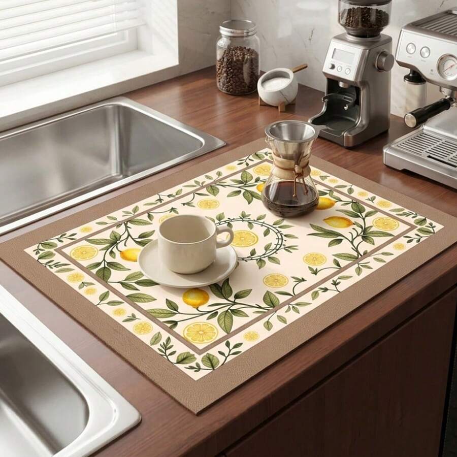 1 pieza Tapete de secado de platos, tapete para cafetera, tapete de secado de platos con patrón elegante vintage de rama de limón, tapete absorbente y a prueba de humedad para encimera de cocina, tapete práctico para uso diario en el hogar, adecuado para uso en cocina y comedor, tapete absorbente multiusos para escritorio, tapete de protección para escritorio de habitación, regalo festivo, decoración de cocina