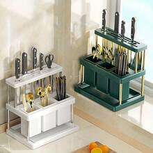 1pc Multifunctional Knife And Fork Storage Rack, Space-Saving Utensil Holder With Removable Drip Tray, Kitchen Sink Countertop Utensil Drainer, Green And White Chopstick Holder Organizer, Suitable For Kitchen And Bathroom, Plastic - Multicolor - View 13