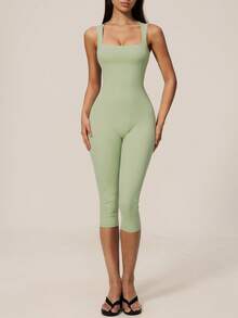 TimeOff Women's 1pc Solid Color Square Neck Thick Strap Waist-Cinching Athletic One-Piece Shorts - Green - View 5