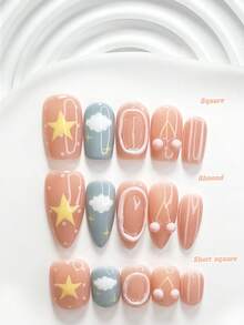10片裝極簡手工穿戴甲，Polygel美甲套組，櫻桃、星星與雲朵圖案，粉色、藍色與黃色指甲油，甜美風格，附美甲工具，3種尺寸可選，方形、短方形、杏仁形，適合派對、跳舞、日常配戴 - 彩色 - 查看 1