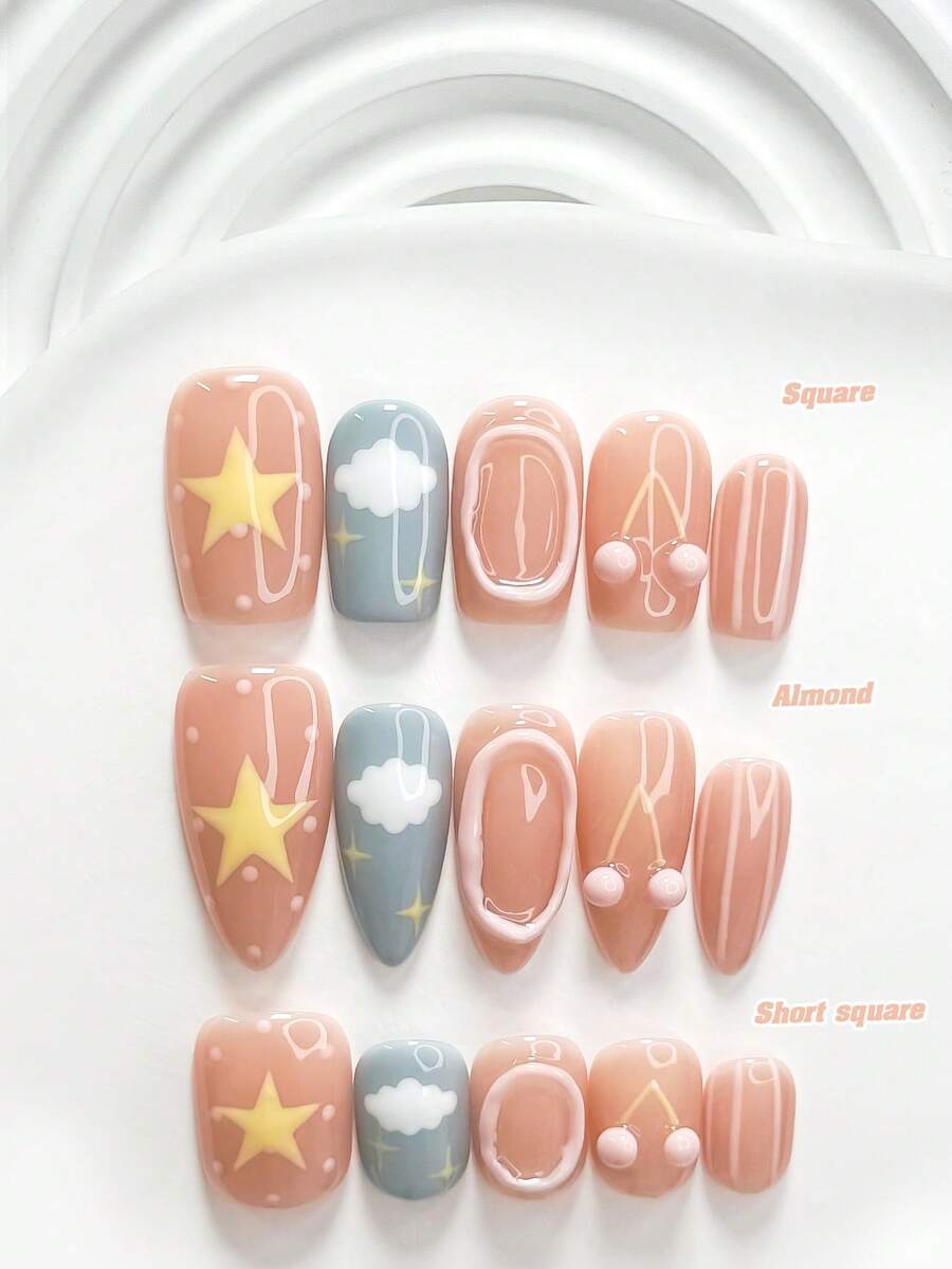 10片裝極簡手工穿戴甲,Polygel美甲套組,櫻桃、星星與雲朵圖案,粉色、藍色與黃色指甲油,甜美風格,附美甲工具,3種尺寸可選,方形、短方形、杏仁形,適合派對、跳舞、日常配戴 - 彩色 - 查看 1