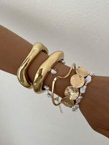 6/1pc Vintage Elegant Women's Gold Wave CCB Spring Clasp Metal Bracelet & Pearl Bracelet Set, Suitable For Daily Wear And Vacation - Gold - View 2