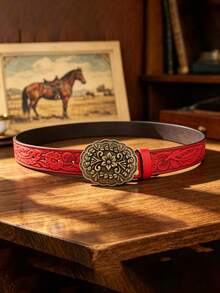1 pièce Ceinture pour homme en PU rouge avec motif volute et boucle sculptée vintage western usée, cadeau pour la Saint-Valentin et l'anniversaire, convient pour une tenue de voyage - Rouge - Voir 2