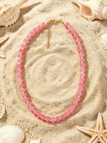 1pc European & American Bohemian Round Geometric Natural Stone Cracked Effect Beaded Short Necklace With Stainless Steel Accessories For Women, Summer Beach Vacation - Handmade Stone Beaded Necklace With Stainless Steel Accents - View 17