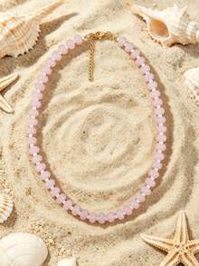 1pc European & American Bohemian Round Geometric Natural Stone Cracked Effect Beaded Short Necklace With Stainless Steel Accessories For Women, Summer Beach Vacation - Handmade Stone Beaded Necklace With Stainless Steel Accents - View 15