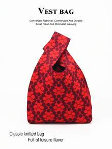 1件紅色針織鉤編透氣輕量可折疊便攜開口休閒度假女款手提包/腕包，適合女孩與女性日常使用、度假、上學、通勤，四季皆宜 - 紅色 - 查看 7