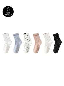 ZUJO 5 Pairs Sweet Women's Mid-Calf Socks, Polka Dot Pattern Bubble Lace Short Socks, Simple And Comfortable, Suitable For Spring, Autumn And Winter Sports Wear, Random Color - Multicolor - View 6