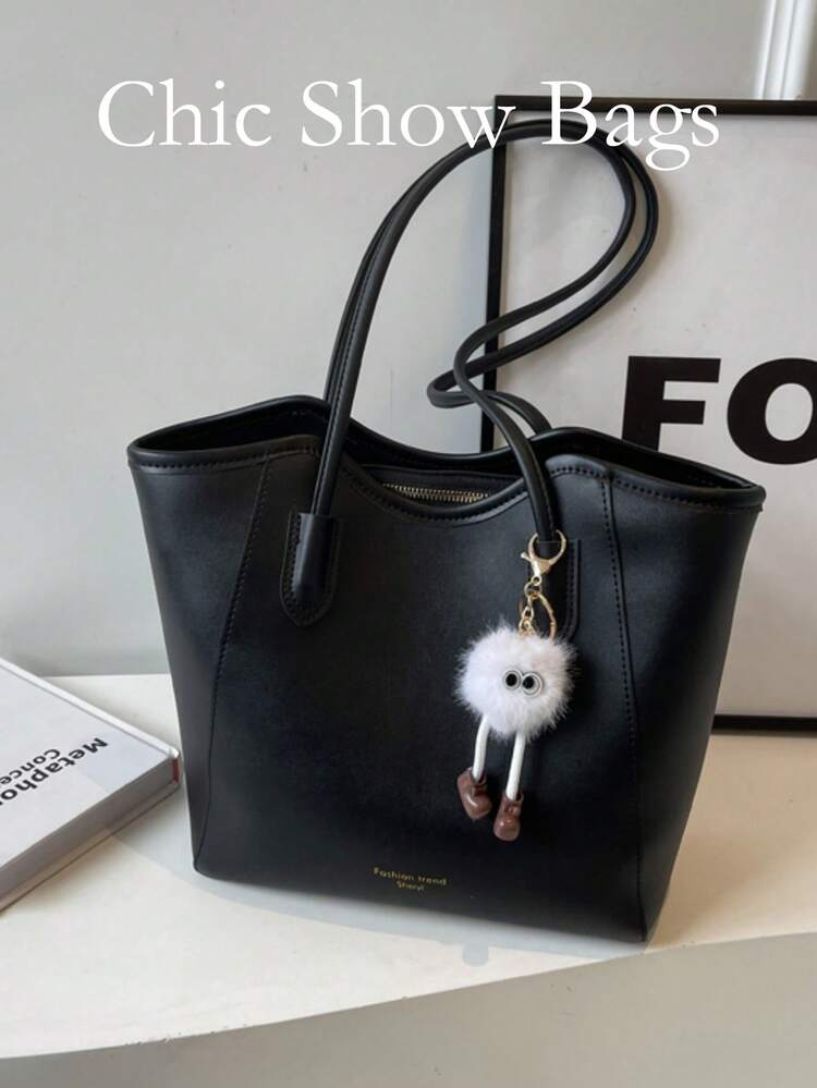 Women's Shoulder Tote Bag, Solid Color/Two-Tone, Plush Monster Doll Pendant, Zipper Large Capacity, Sweet Commute Daily Work Shopping Handbag - Black - View 1