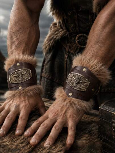 1 par de protectores de muñeca vikingos, brazaletes unisex ajustables de cuero PU con ribete de piel sintética, decoración de metal con cabeza de toro vintage, accesorios de disfraz de vaquero occidental y renacentista, accesorios de COS medieval, accesorios de disfraz de Halloween