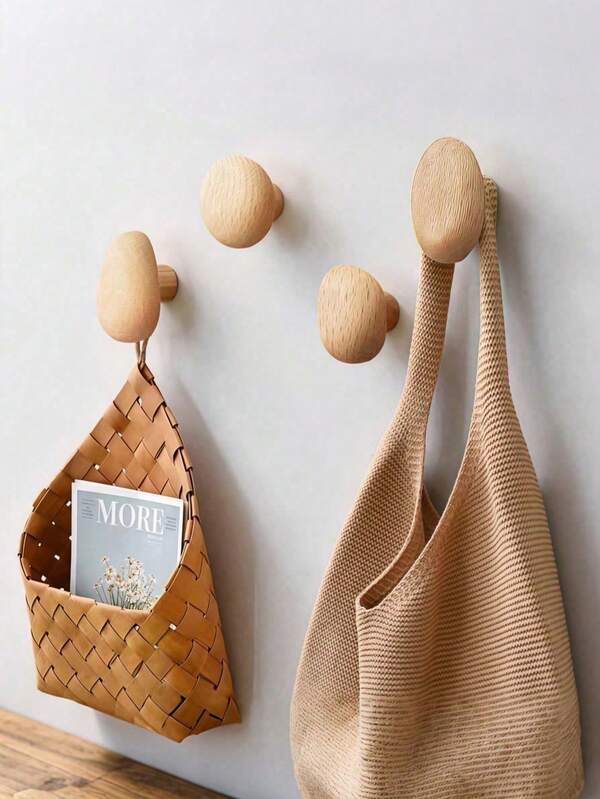 Haus Hana 4pcs Set, Pebble Shape Wooden Hooks, Bathroom Clothes Hooks, Room Decoration Hooks, Wall Mounted Hooks ,No Drilling Required