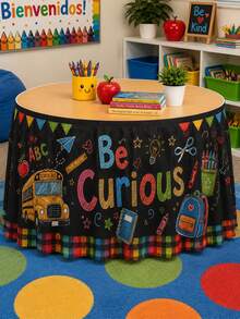 1pc Blackboard Back To School Polyester Table Skirt, Fun Educational Rectangular Table Decor With Letter Title, Yellow School Bus, Backpack And Ruler Print, Suitable For Classroom Decor, Room Decor, Home Decor, Bedroom Decor And Party Supplies - Multicolor - View 4