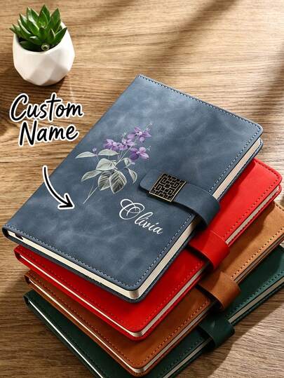 Personalisiertes Geburtsblumen Notizbuch Set, individuell graviertes Notizbuch mit Namen, Stift und Geschenkbox, A5 Notizbuch mit Druckverschluss, Geschenk für Frauen, Brautjungfern, Lehrer und Schulbedarf zum Abschluss