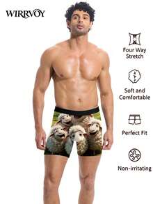 1Pc Men's Vivid Smiling Sheep Herd Print Boxers,All Over Cheerful Cartoon Woolly Sheep Pasture Graphic, Lovely Farm Fashion Underwear For Everyday Use - Black - View 1