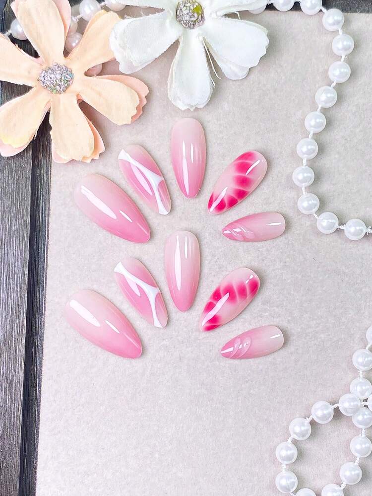 10 Pieces Of Handmade Press On Nails,Nails,Fake Nails,Short Nails,Almond Nails,Pink Nails,With White Wavy Line Patterns,Nails Printed With Pink Petal Water Ripple Texture And Twisted Pink Swirl Accents,Perfect For Daily Wear And Date. - Pink - View 13