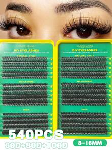 540 pièces Faux Cils en Grappes D Curl Faux Vison, Longueur Mixte 8-16mm, Densité Mixte 60D/80D/100D, Effet Grands Yeux, Comprend Colle, Dissolvant et Ensemble de Pinces, Léger et Réutilisable, Convient aux Débutants pour le Maquillage Quotidien et de Soirée - Noir - Voir 2