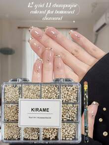 KIRAME 1800顆香檳色平底圓形水鑽，高品質超亮美甲水鑽套組，含1件點花工具，1-5mm亮面美甲水晶，適用DIY居家美甲、美甲沙龍、美甲用品、萬聖節美甲、節日禮物 - 香檳色 - 查看 8
