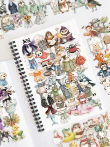 100pcs Vintage Watercolor Animal Transparent Stickers, Hand-Drawn Fresh Fairy Tale Style Stickers, Suitable For Desktop, Water Cup, Diary, Helmet, Scrapbook, Etc., Decorative Material Stickers Birthday Gift Holiday Reward - Multicolor - View 3