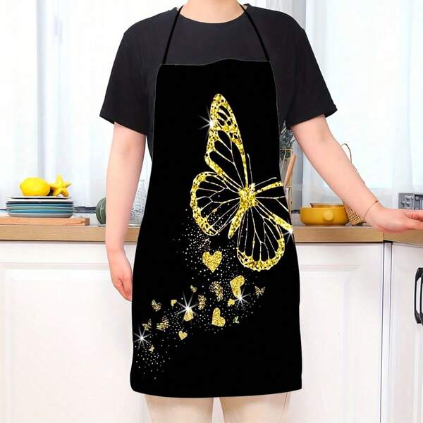 1pc Black Apron With Golden Butterfly Sparkle Print For Kitchen Cooking Barbecue Party Decorations