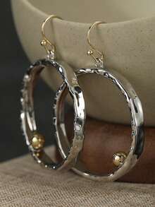 Gmzalx Vintage Bohemian Minimalist Round Earrings, Hand-Hammered Texture, Suitable For Daily Commute, Date, Casual Vacation - Two-color - View 3