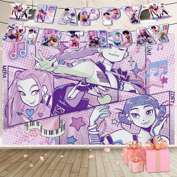 KPop Demon Hunters Pancarta de fondo para fiesta de cumpleaños con tema de grupo de caza de brujas de chica cool de K-Pop para niñas. Decoración de pared con tema de K-Pop. La opción ideal para eventos de celebración de sílabas electrónicas, decoración de habitaciones, decoración de jardines, exteriores y exhibición.