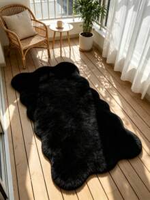 1pc Black Wavy Edge Asymmetrical Area Rug, Decorative Carpet, Floor Mat, Living Room Rug, Bedroom Rug, Universal Carpet - Black - View 5
