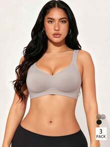 3pcs Simple & Comfortable Sports Bras For Women, Wireless, Solid Color - Multicolor - View 1