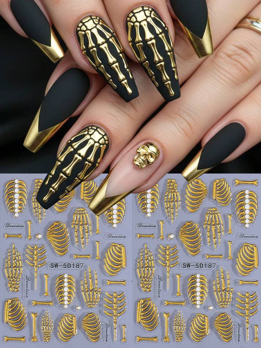 2 feuilles d'autocollants pour ongles 5D gaufrés auto-adhésifs Halloween, rayures crâne et côtes dorées métalliques, décalcomanies pour ongles gothiques punk horreur, décoration d'ongles pour cosplay, salon, maison et vacances, accessoires pour ongles DIY - Doré - Voir 1