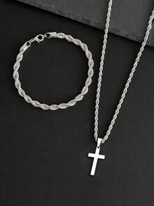 2pcs/Set Gold Stainless Steel 18K Gold Plated Twisted Rope Bracelet And Cross Necklace Set, Suitable For Men, Minimalist Style, Applicable For Sports And Fashion Accessories - Multicolor - View 4