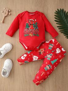 My First Christmas Theme Red Baby Long Sleeve Bodysuit & Pants 2 Pieces Set, Christmas Tree Snowman Reindeer All-Over Print Separates - Multicolor - View 12