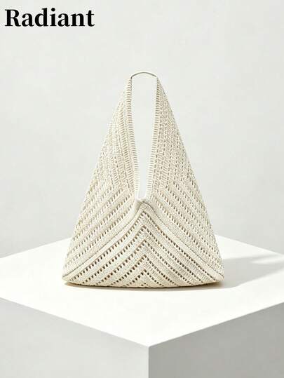 Women's Triangle Bohemian Style Large Capacity Shoulder Handle Yarn Crochet Knit Tote Bag, Suitable For Summer Beach, Daily And Vacation