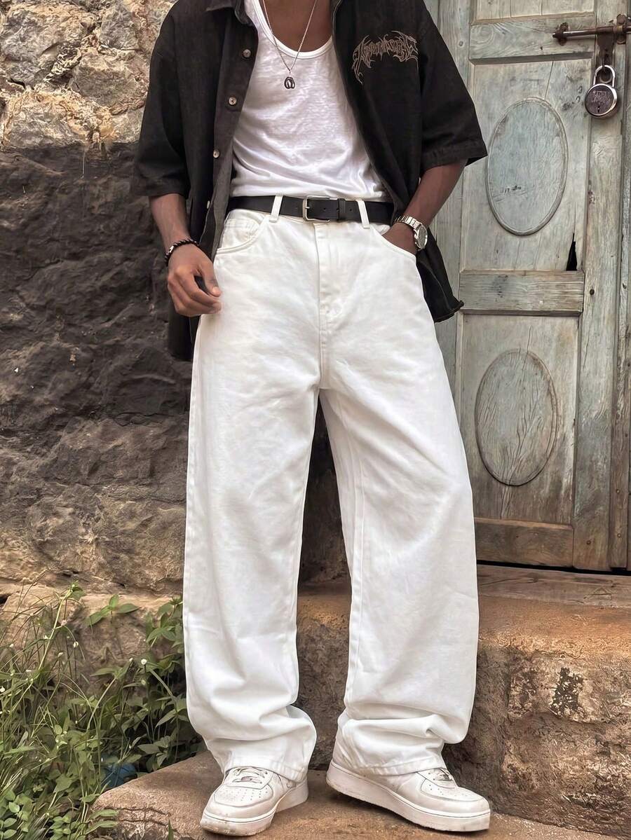 Y2K Retro Style Men's Black Vintage Washed Loose Straight Leg Jeans, Perfect Gift For Husband Or Boyfriend - White - View 1