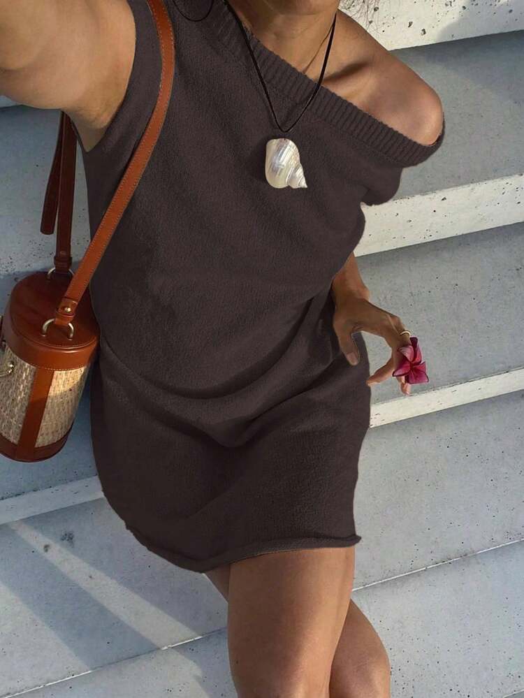 Summer Women's Fashion Elegant Dress, Solid Color Loose One-Shoulder White Dress, Suitable For Commuting, Dating And Daily Wear - Coffee Brown - View 10