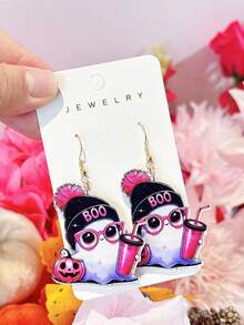 1 Pair Halloween Acrylic Sweet & Cool Ghost BOO Cartoon Earrings, Rose Red & Green, Fun Holiday Gift For Girls - Multicolor - View 3