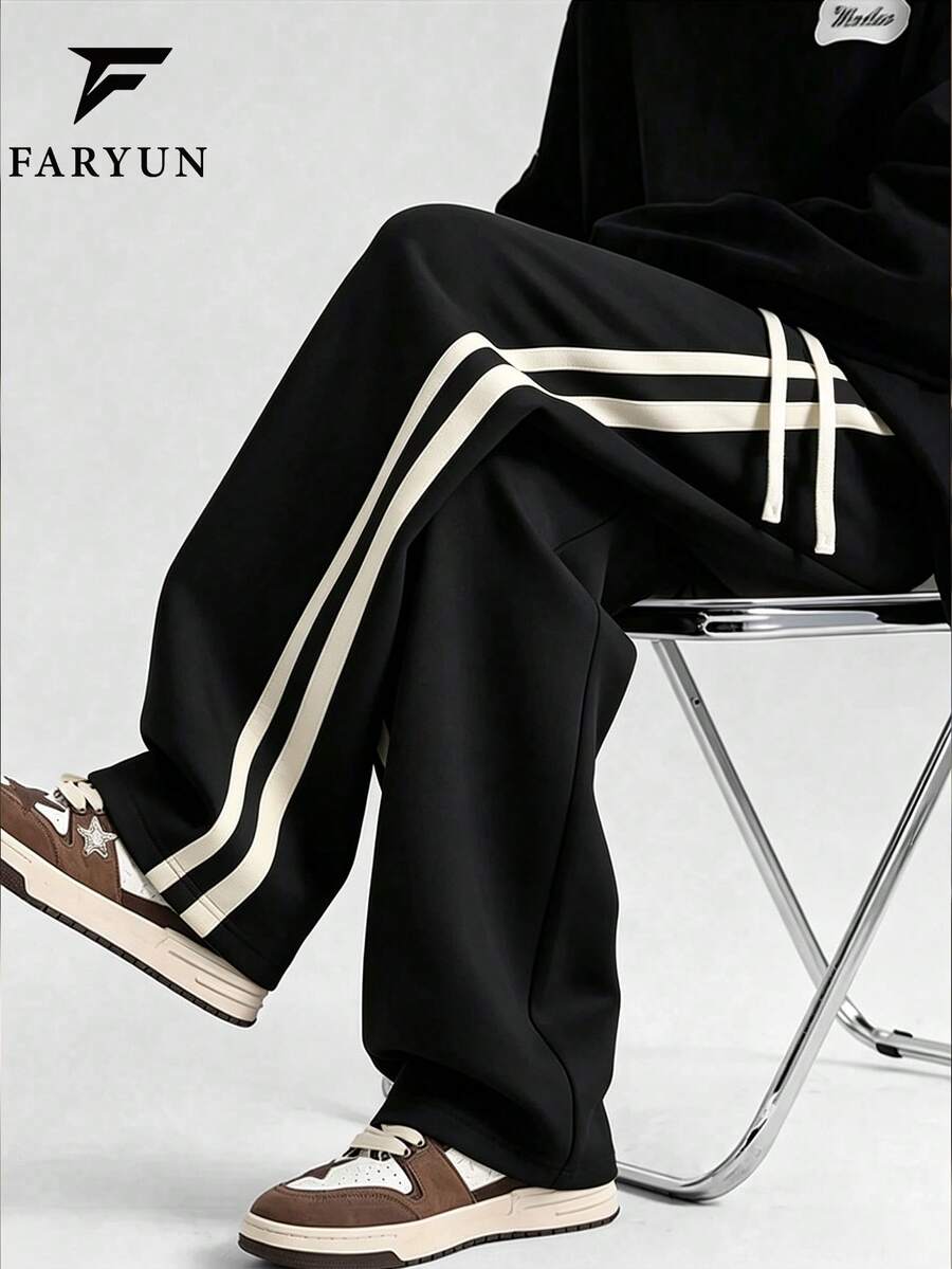 Men's Loose Straight Leg Side Stripe Casual Sports Sweatpants, Versatile For Street, Campus And Daily Wear In Spring And Autumn - Black - View 1