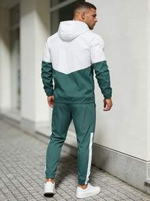 1套男士拼色連帽運動套裝，字母N印花拉鍊外套與慢跑褲，2件式休閒運動服 - 綠色 - 查看 2